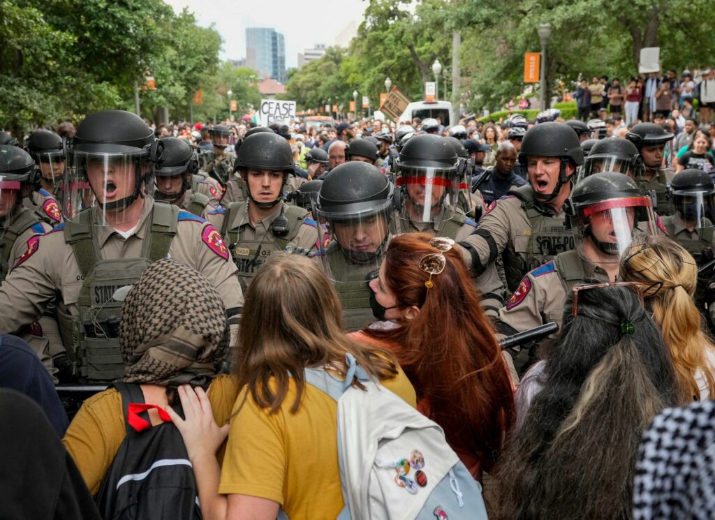 Texas state troopers try to break up a pro-Palestinian protest at the University of Texas in Austin on Wednesday, April 24. Jay Janner/Austin Statesman/USA Today Network/Reuters